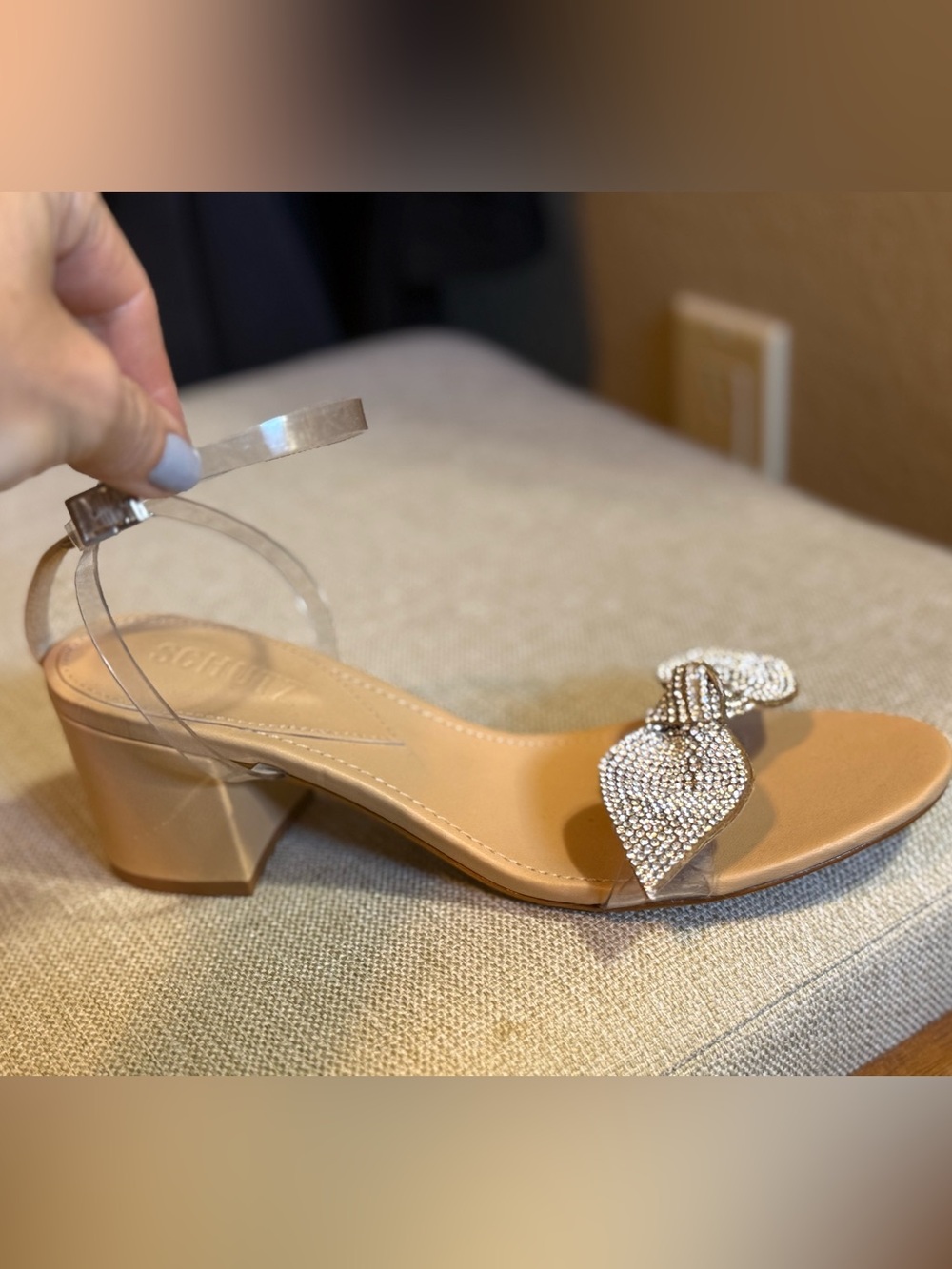 SCHUTZ Clear Strap Nude Block Heel Sandal with Crystal Bow Accent
